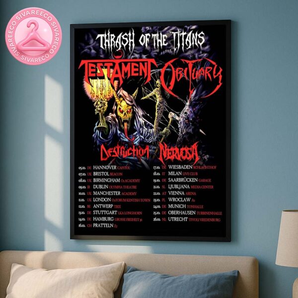 2025 Thrash Of The Titans UK European Tour Concert Dates Headlined By Testament And Obituary Home Decor Poster Canvas