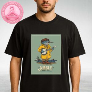 Amble World Tour Poster 2025 Featuring Banjo Playing Trout Fisherman In Yellow Raincoat With Nautical Cartoon Style Artwork Unisex T-Shirt