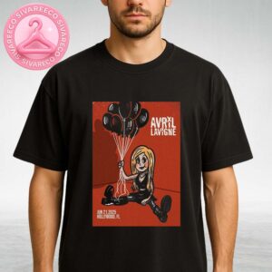 Avril Lavigne Live Show Poster At Hollywood FL On June 21 2025 Featuring Cartoon Girl With Black Balloons Artwork Unisex T-Shirt