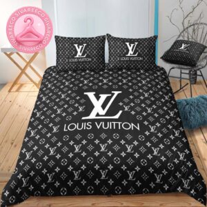 Best Louis Vuitton Big Logo In Classic Black Monogram Background Bedding Set