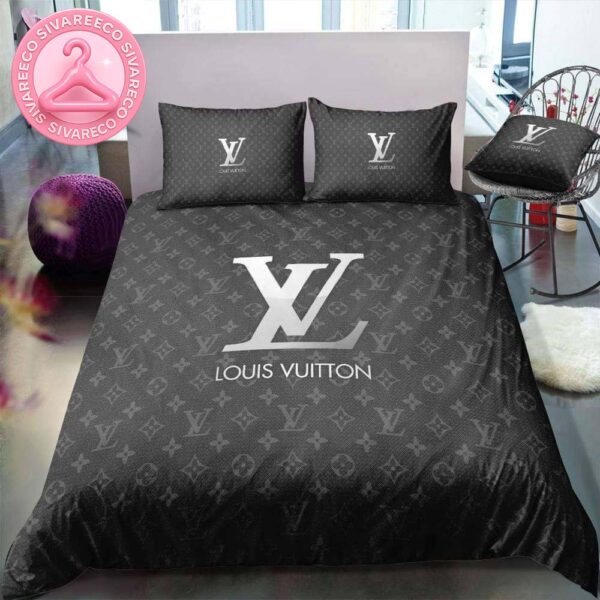 Best Louis Vuitton Big Silver Logo In Dark Grey Monogram Background Bedding Set