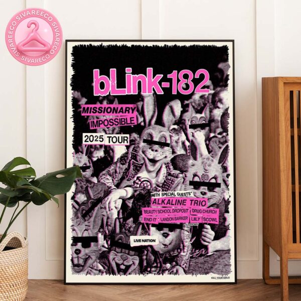 Blink 182 Missionary Impossible 2025 Tour Poster Featuring Pink Punk Collage With Rabbits And Censored Faces Home Decor Poster Canvas