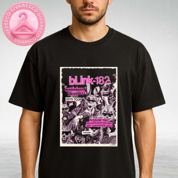 Blink 182 Missionary Impossible 2025 Tour Poster Featuring Pink Punk Collage With Rabbits And Censored Faces Unisex T-Shirt