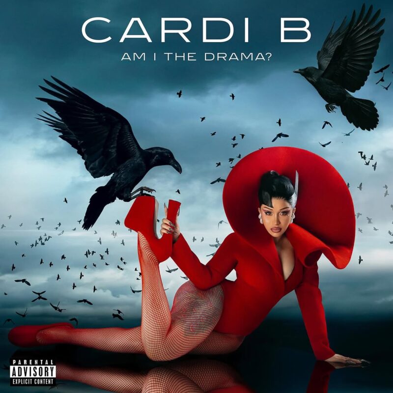 Cardi B Am I The Drama Album Cover Art Featuring Red Dress And Black Ravens On Stormy Sky Background