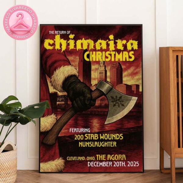 Chimaira Christmas Poster At The Agora In Cleveland OH On December 20 2025 Featuring Santa Holding Axe With Burning Skyline Background Home Decor Poster Canvas