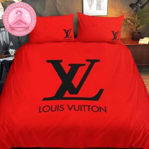 Classic Louis Vuitton Big Logo In Basic Red Background Bedding Set Queen Size