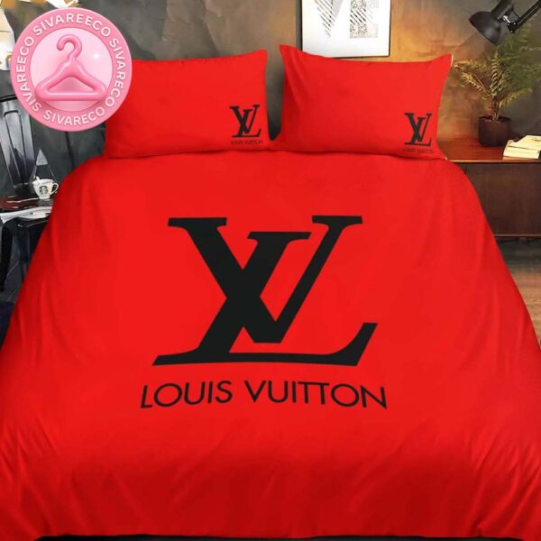 Classic Louis Vuitton Big Logo In Basic Red Background Bedding Set Queen Size