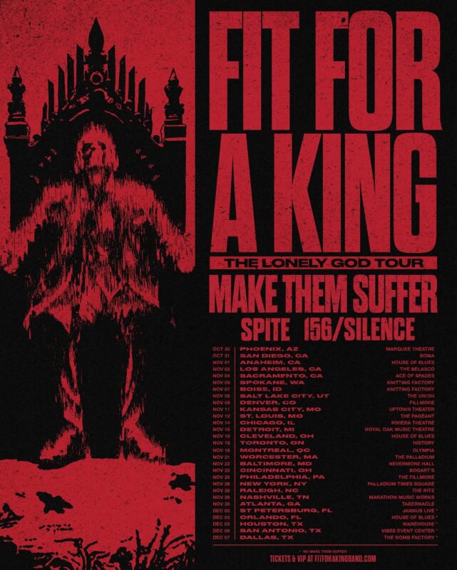 Fit For A King The Lonely God Tour 2025 Poster With Gothic Red Black Artwork And Full US Tour Dates
