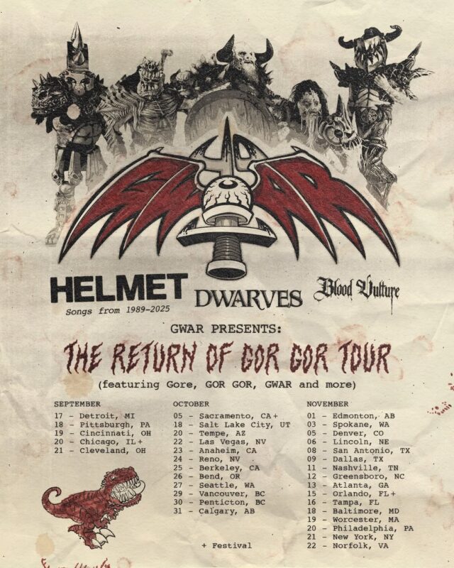 GWAR The Return Of GOR GOR Tour Poster 2025 Featuring Full US And Canada Dates With Helmet Dwarves And Blood Vulture Fantasy Artwork