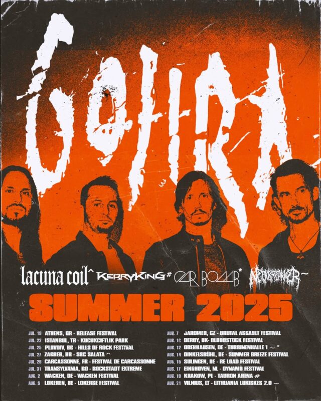 Gojira Summer Tour Poster For Europe 2025 Featuring Grunge Orange Aesthetic With Band Lineup And Festival Dates
