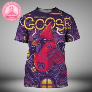 Goose Poster At Jacobs Pavilion In Cleveland Ohio On June 18 And 20 2025 With Red Cardinal Artwork In Neon Purple Twilight Forest Scene All Over Print Shirt