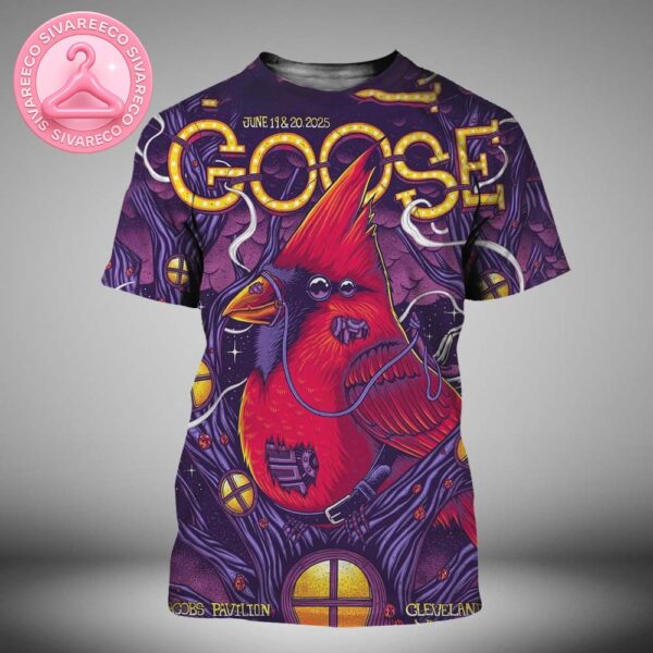Goose Poster At Jacobs Pavilion In Cleveland Ohio On June 18 And 20 2025 With Red Cardinal Artwork In Neon Purple Twilight Forest Scene All Over Print Shirt