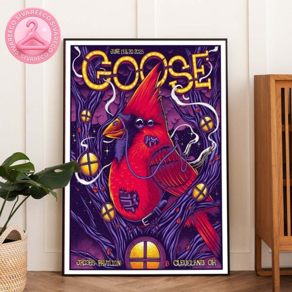 Goose Poster At Jacobs Pavilion In Cleveland Ohio On June 18 And 20 2025 With Red Cardinal Artwork In Neon Purple Twilight Forest Scene Home Decor Poster Canvas