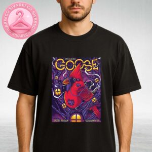 Goose Poster At Jacobs Pavilion In Cleveland Ohio On June 18 And 20 2025 With Red Cardinal Artwork In Neon Purple Twilight Forest Scene Unisex T-Shirt