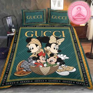 Gucci And Disney Mickey Mouse And Minnie Mouse Monogram Background Bedding Set