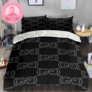 Gucci Luxury Brand Monogram Pattern Black Logo Stripe Duvet Cover Bedding Set