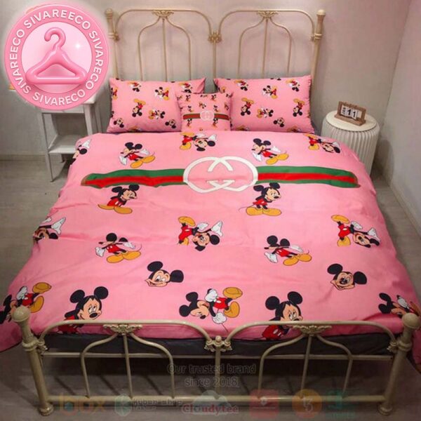 Gucci Mickey Mouse Pink Monogram Pattern Logo Inspired Bedding Set