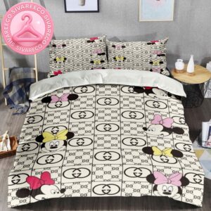 Gucci With Minne Mouse Logo Vintage Monogram Background Bedding Set