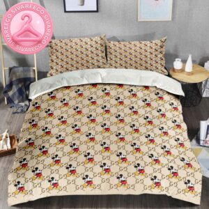 Gucci x Mickey Mouse Luxury Brand Monogram Vintage Pattern Logo Stripe Duvet Cover Bedding Set
