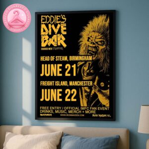 Iron Maiden Eddie’s Dive Bar Poster At Head Of Steam In Birmingham United Kingdom On June 21 And Freight Island In Manchester United Kingdom On June 22 Featuring Eddie Artwork In Yellow And Black Home Decor Poster Canvas