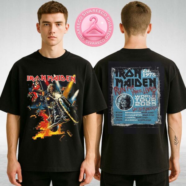 Iron Maiden Run For Your Lives World Tour 2025 United Kingdom Event Tee Tour Dates Biker Eddie Breaks Through The Wall Two Sides Unisex T-Shirt