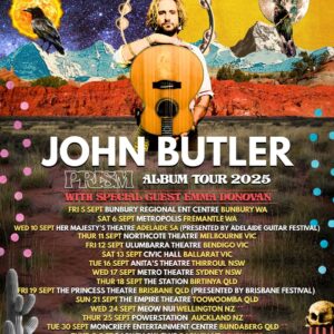 John Butler Prism Album Tour Poster At The Princess Theatre In Brisbane Australia On September 19 2025 Featuring Surreal Guitar Collage Artwork