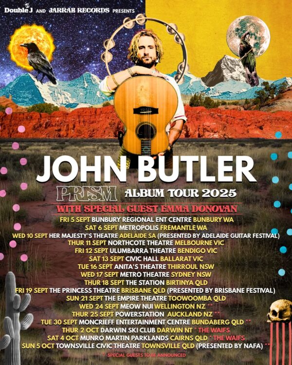 John Butler Prism Album Tour Poster At The Princess Theatre In Brisbane Australia On September 19 2025 Featuring Surreal Guitar Collage Artwork