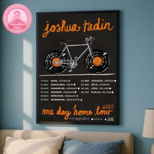 Joshua Radin Official Tour Poster One Day Home Tour 2025 Europe And Ireland Tour Vintage Bicycle With Vinyl Record Wheels On Black Background Art Work Home Decor Poster Canvas
