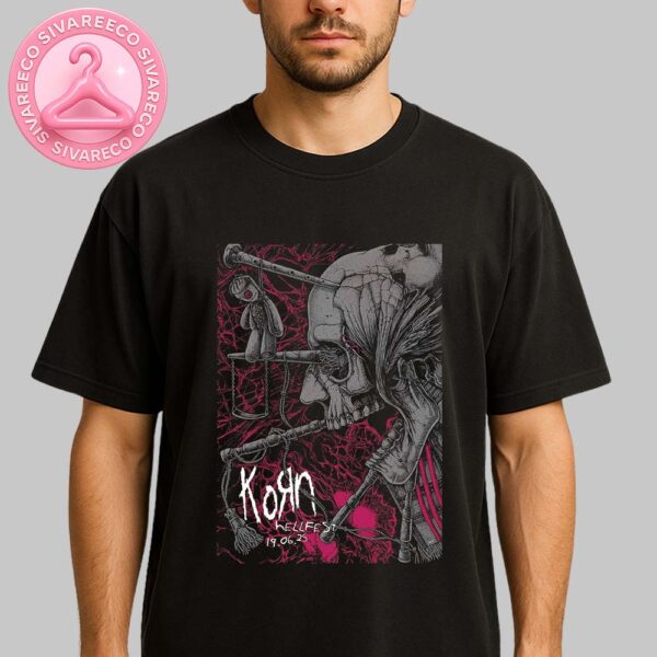 Korn Poster At Hellfest In Clisson France On June 19 2025 Featuring Voodoo Skull And Anatomical Horror Artwork Unisex T-Shirt