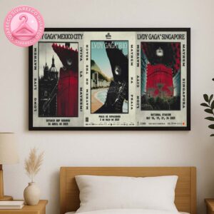 Lady Gaga Music Show Poster For Singapore At National Stadium On May 18 19 21 24 2025 Lady Gaga In Avant-Garde Red Dress With Singapore Marina Bay Sands And National Stadium Home Decor Poster Canvas
