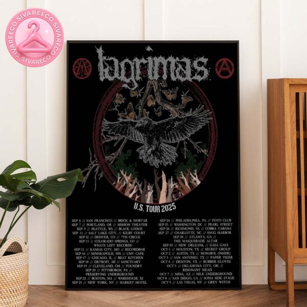 Lágrimas US Tour 2025 Poster With Black Crow And Butterfly Artwork Across 30 Cities In The United States Home Decor Poster Canvas