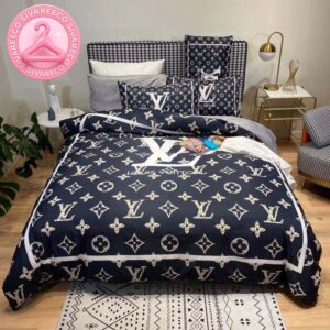 Louis Vuitton Big Logo In Black Monogram Background Comforter Bedding Set