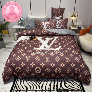 Louis Vuitton Big Logo In Signature Brown Monogram Background Bedding Set Queen Size
