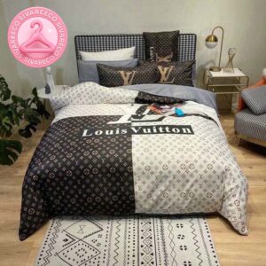 Louis Vuitton Big Logo With Checker Board Effect Black And White Monogram Background Comforter Bedding Set