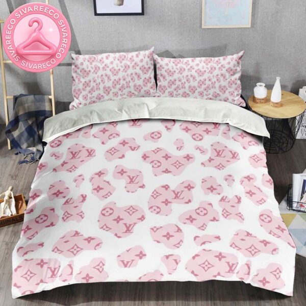 Louis Vuitton Dairy Cow Print Pink Monogram In White Background Bedding Set