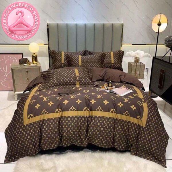 Louis Vuitton Luxury Brown Monogram With Golden Box Frame Bedding Set