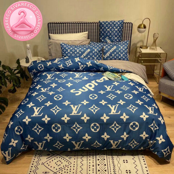 Louis Vuitton x Supreme In Blue Monogram Edition Background Comforter Bedding Set