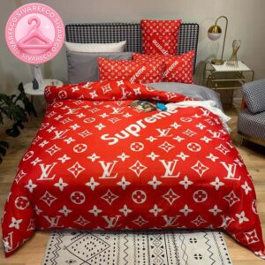 Louis Vuitton x Supreme In Signature Red Monogram Background Comforter Bedding Set