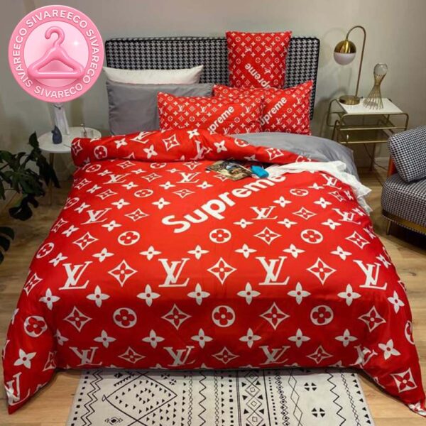 Louis Vuitton x Supreme In Signature Red Monogram Background Comforter Bedding Set