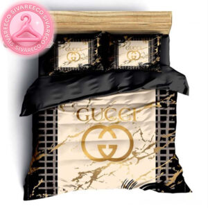 Luxury Gucci Big Logo Black And Gold With Vintage Monogram Background Bedding Set