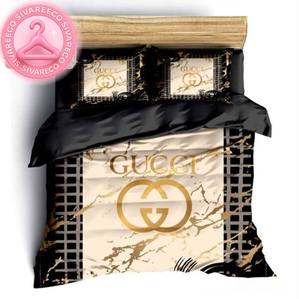 Luxury Gucci Big Logo Black And Gold With Vintage Monogram Background Bedding Set