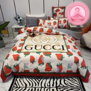 Luxury Gucci Big Logo With Strawberry Cute Monogram Background Bedding Set