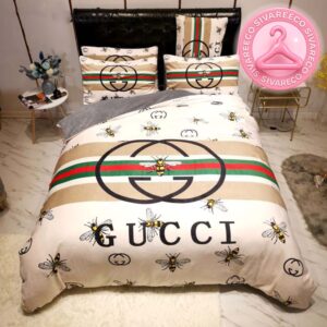 Luxury Gucci Big Logo With Vintage Bee Monogram Background Bedding Set