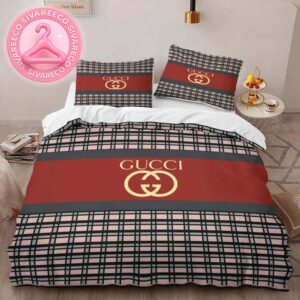 Luxury Gucci Big Logo With Vintage Monogram Line Background Bedding Set