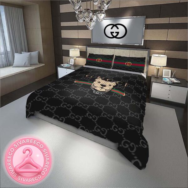 Luxury Gucci Logo With Monogram Dog Background Bedding Set