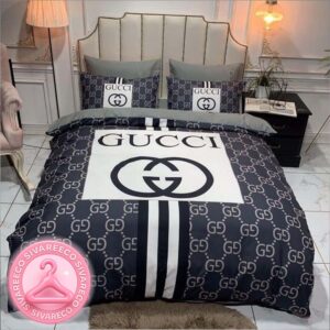 Luxury Gucci Navie Big Logo With Pattern Vintage Monogram Background Bedding Set
