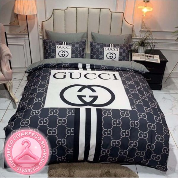 Luxury Gucci Navie Big Logo With Pattern Vintage Monogram Background Bedding Set