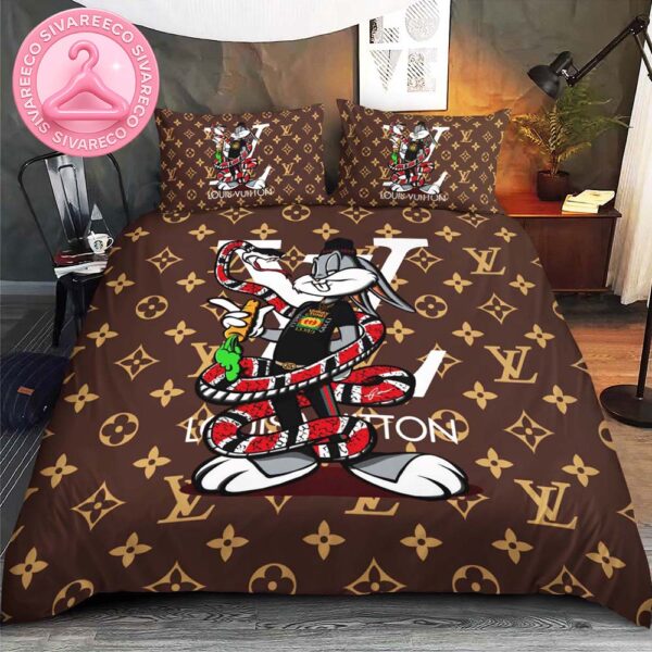 Luxury Louis Vuitton Big Logo With Badass Bugs Bunny In Signature Brown Monogram Bedding Set