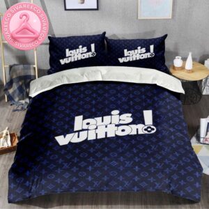 Luxury Louis Vuitton Cartoon Logo Font In Deep Blue Monogram Background Bedding Set