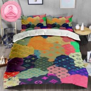 Luxury Louis Vuitton Collage Art Colorful Of Many Pieces Of Monogram Bedding Set